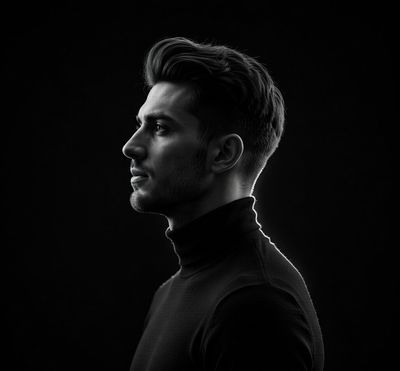 Sharp-Edged Portrait: Dramatic Rim-Lit Profile in Black and White