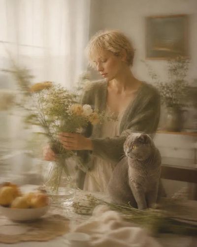 A woman in a flowing silk dress wanders through a misty garden