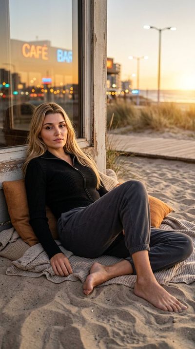 A golden hour wanderer lies on sand in city twilight