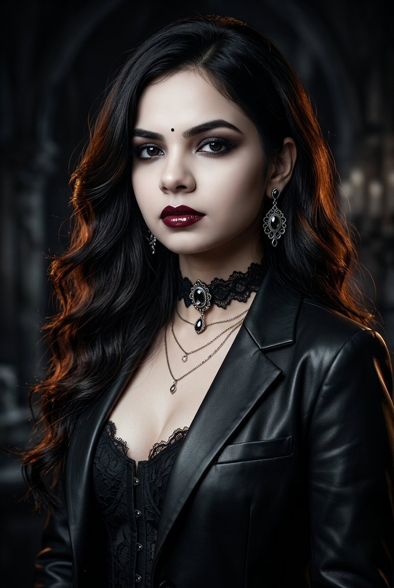 Pale Woman Gazes Intensely in Dark Gothic Portrait with Lace and Leather
