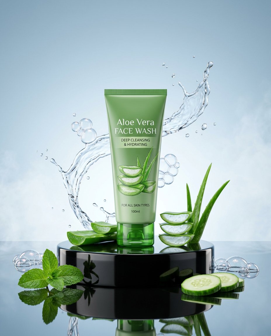 Luxury face wash tube stands on polished black stone pedestal