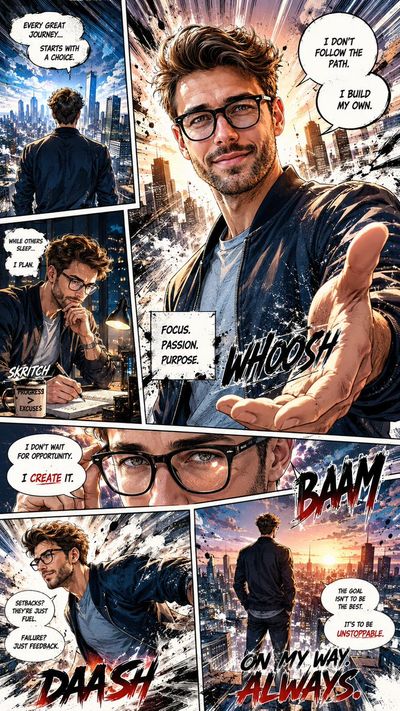 Manga hero leaps through explosive cityscape with fiery aura