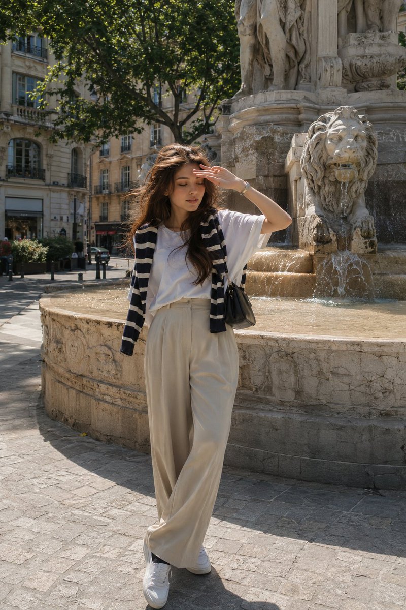 Young woman poses by Parisian fountain in effortless French chic style