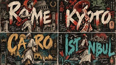 Four historic cities rendered as street tribute posters in 2x2 grid