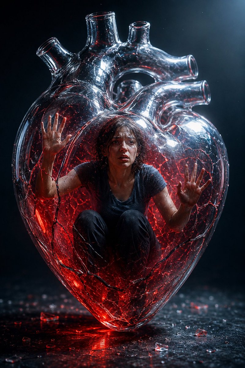 A distressed woman crouches inside a giant crystal heart.