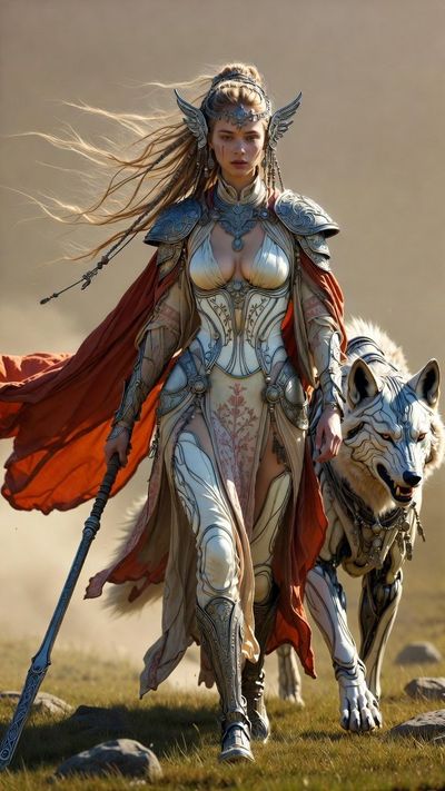Jade Nomad Warden and Cybernetic Wolf in Sunlit Grasslands