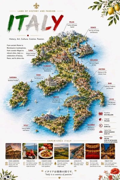Detailed travel infographic map of Italy with landmarks and cities