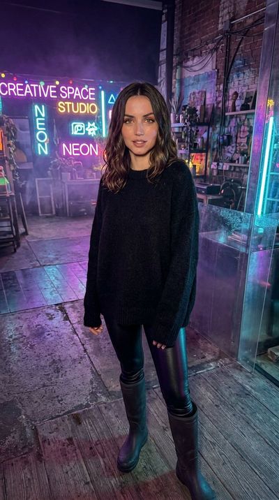 Ana de Armas glows under neon lights on wet asphalt at night.