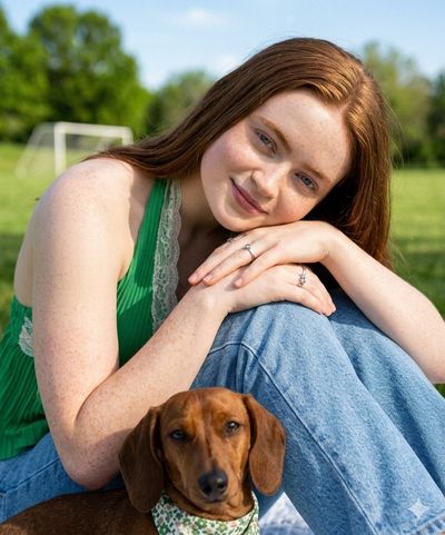 Sunlit Serenity: Portrait of a Woman and Her Dachshund in a Green Park