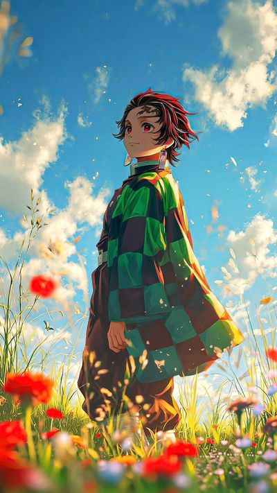 A lone anime hero stands amid golden wildflowers under a radiant sky
