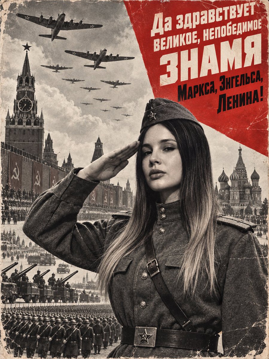 Soviet WWII propaganda photomontage with red triangle and saluting soldier