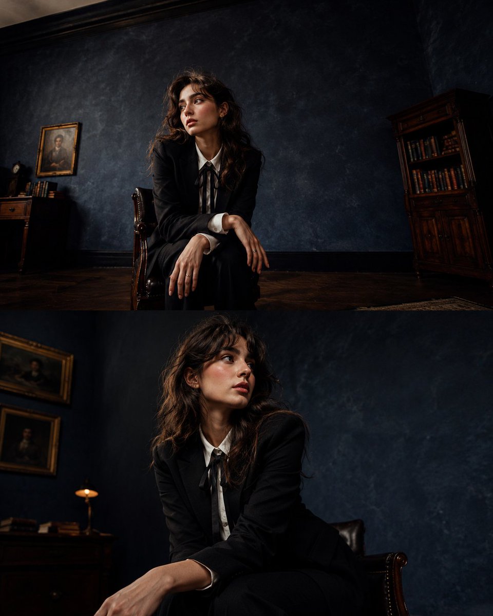 A woman in a black blazer sits elegantly in a vintage chair.
