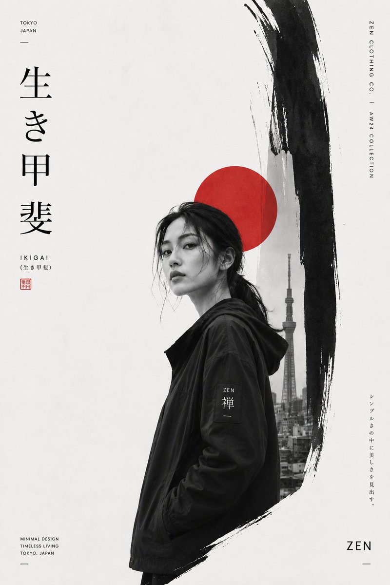 A stylish young woman poses in a monochrome Japanese minimalist poster