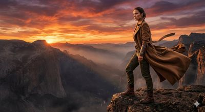 Heroic Figure on Misty Canyon Edge at Sunset