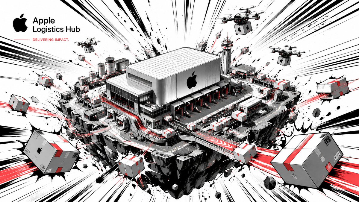 Apple logo bursts through speed lines in manga isometric splash