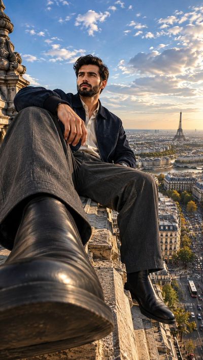 Giant Fashionable Man Sits Above Paris with Enormous Boot