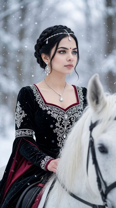 Regal Woman in Velvet Rides White Horse Through Falling Snow