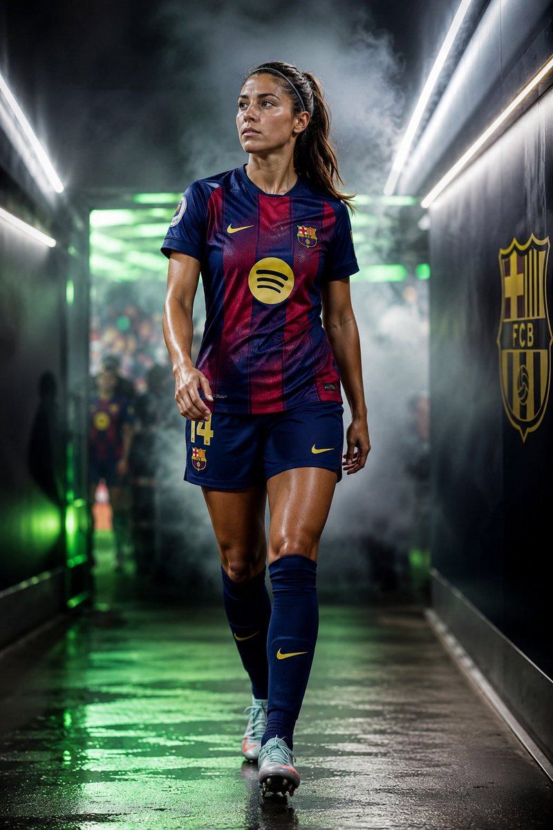 A young female football star trains alone in a sunlit stadium
