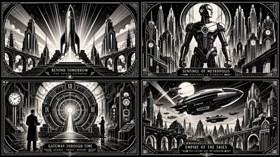 Art deco silhouettes frame four iconic sci-fi movie subjects