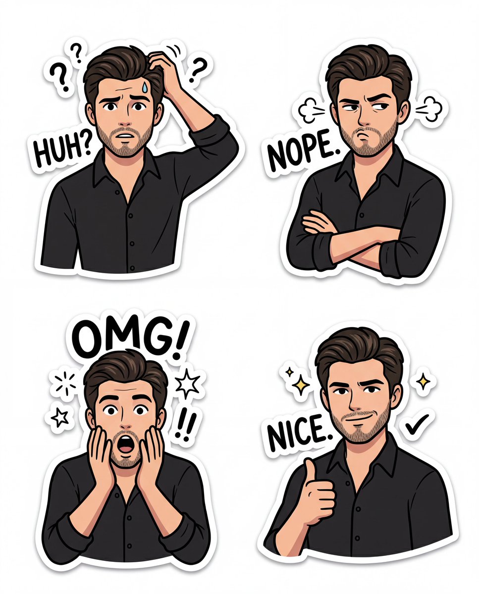 Hero Sticker Grid: Four Consistent Cartoon Poses