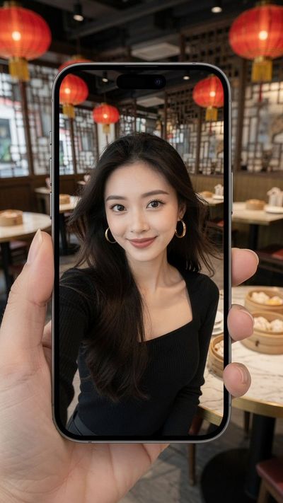 Surreal High-Angle Portrait in a Modern Hong Kong Teahouse