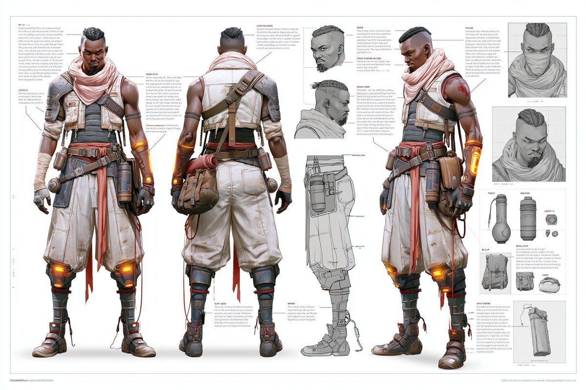 A futuristic warrior's concept sheet displays front and back views.