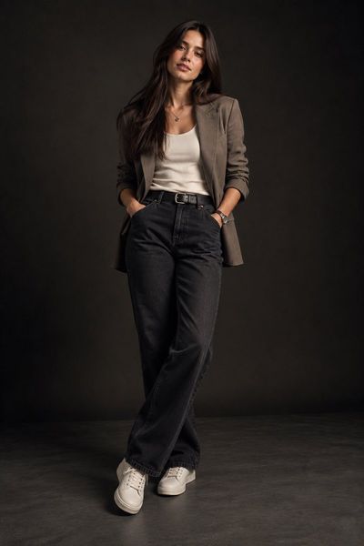 Confident Woman in Oversized Blazer Poses in Minimalist Studio Portrait