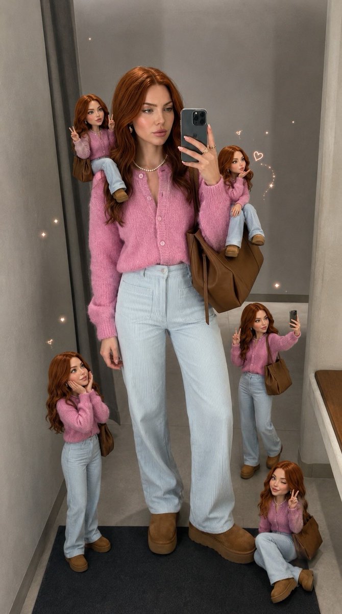 Red-haired woman takes mirror selfie surrounded by tiny doll versions
