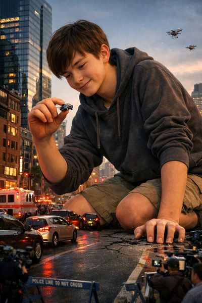 Giant Boy's Gentle Curiosity Disrupts a Bustling Urban Evening
