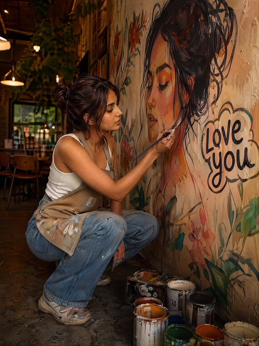 Artist paints self-portrait mural in warm café light
