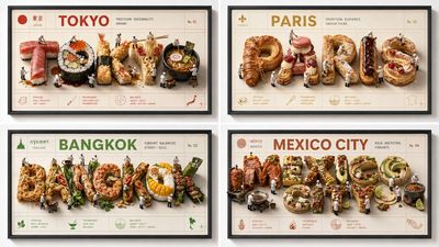Four famous food cities rendered in a multi-scale poster grid
