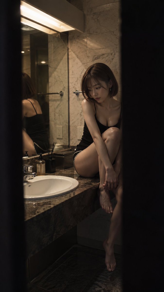 Woman perches on marble counter in dimly lit bathroom, cinematic