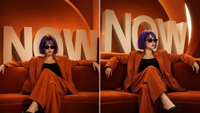 Purple bob woman in burnt-orange suit commands luxury studio