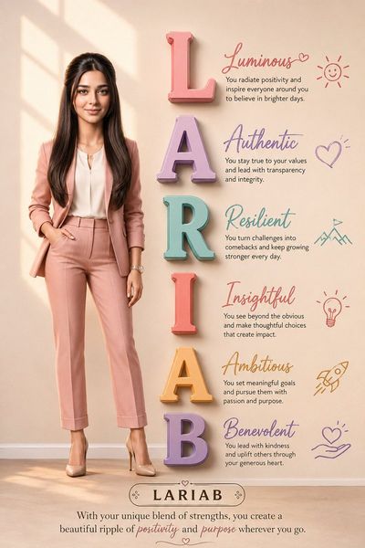 A Pixar-inspired 3D character stands beside a personal acronym poster