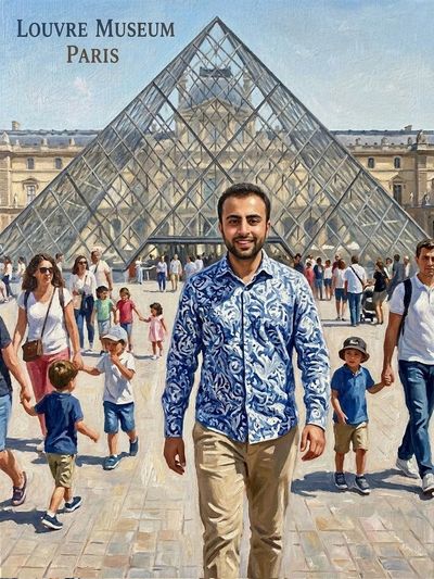 Kashif smiles warmly before the Louvre pyramid in oil painting