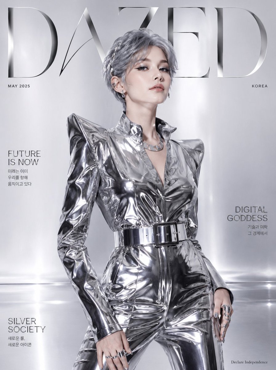 Korean model wears silver liquid-mirror jumpsuit on DAZED cover
