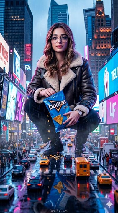 Giant Girl in Miniature Times Square at Night