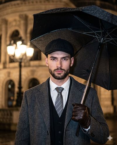 A stern man in winter formalwear grips an umbrella in rain