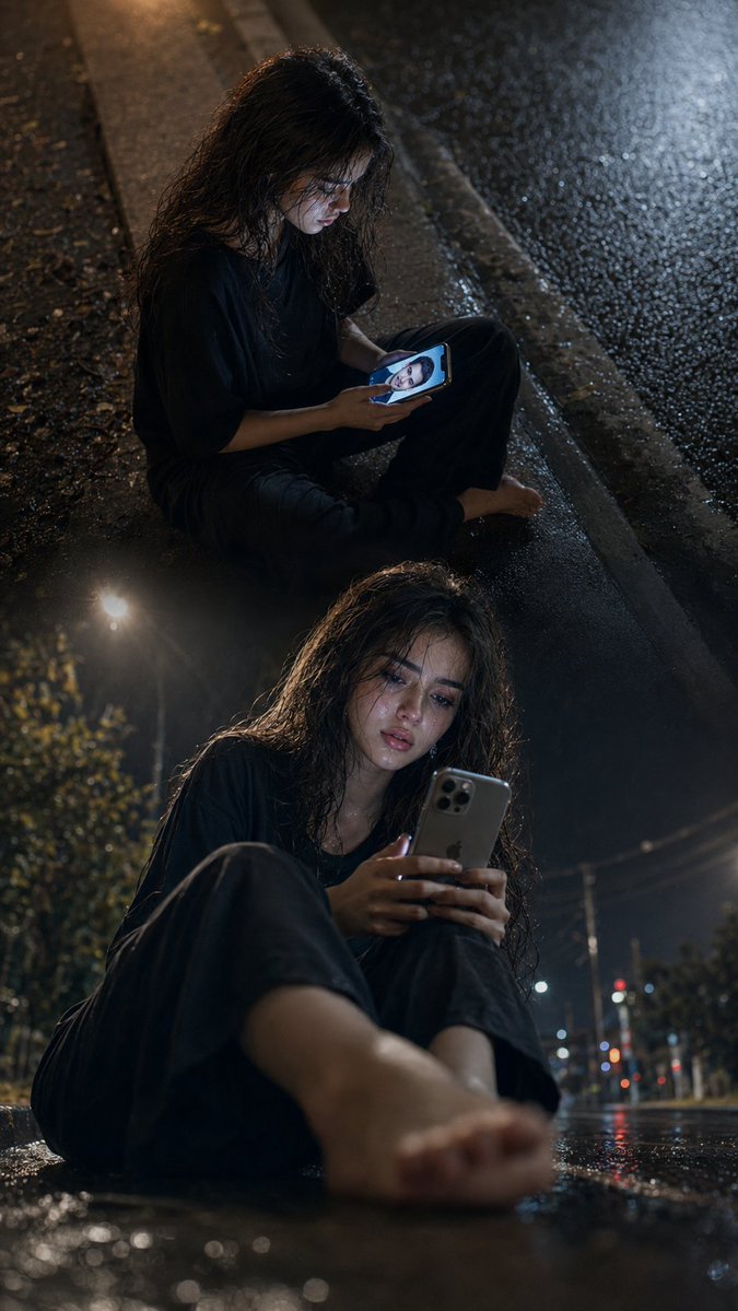 A heartbroken woman sits on a rain-soaked street at night
