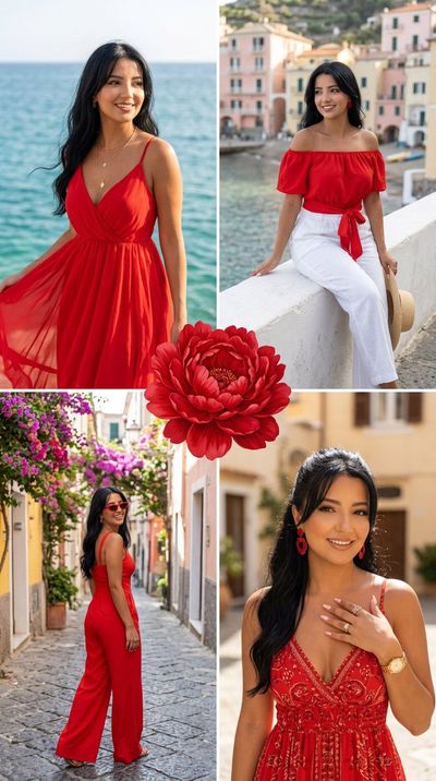 A woman in red poses across four Amalfi Coast panels