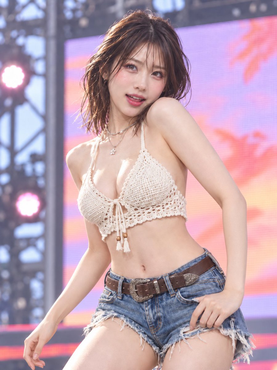 Woman in White Crochet Top Poses Before Glowing Stage Lights