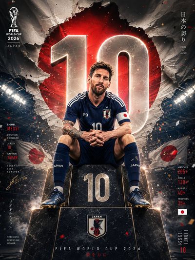 Japan's number 10 rises through torn paper under stadium lights