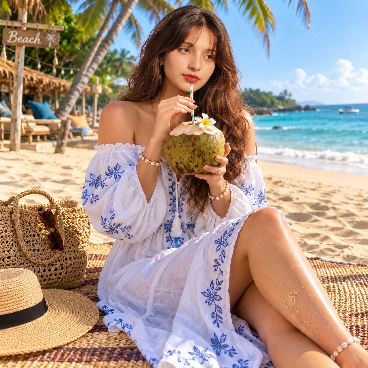 Young woman in white dress sits beside giant lemon slice