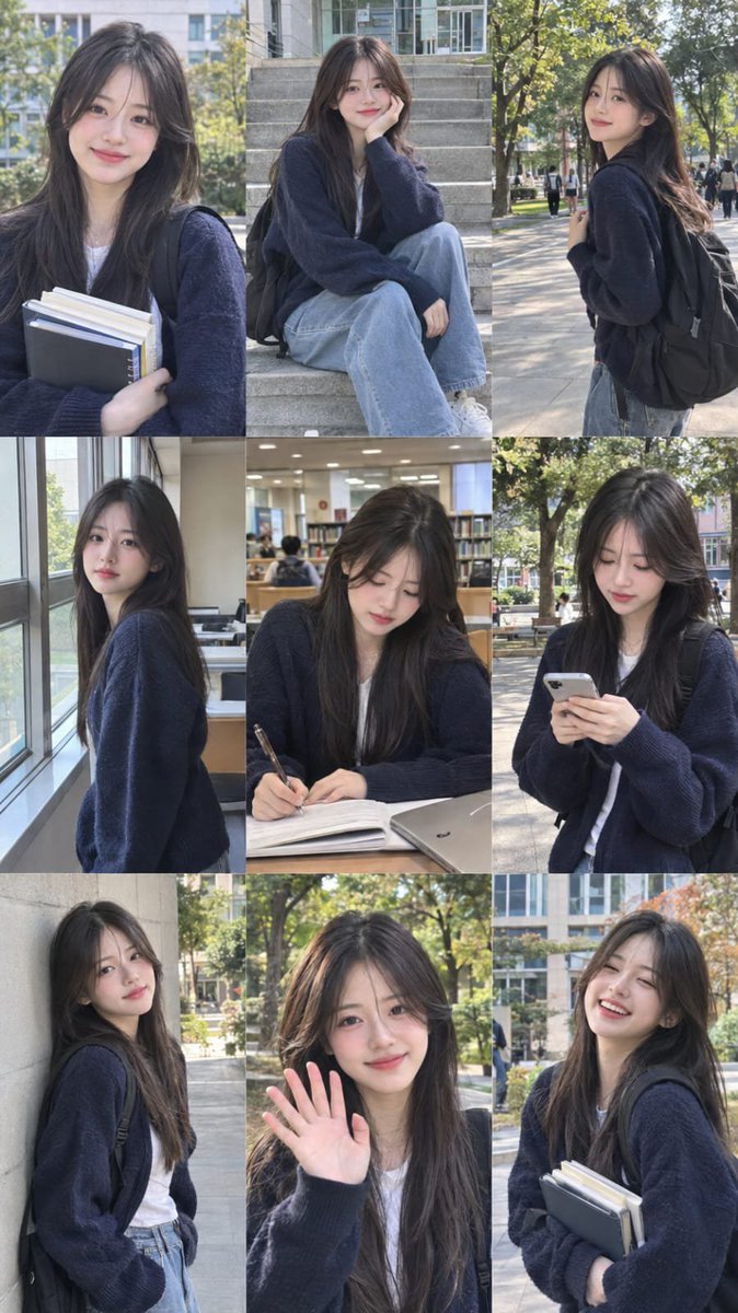 Korean student poses in nine campus scenes for photorealistic grid