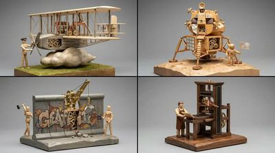 A wooden mechanical elephant with clockwork gears stands on a carved base