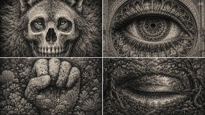 A wolf's face becomes a human skull when viewed from across the room