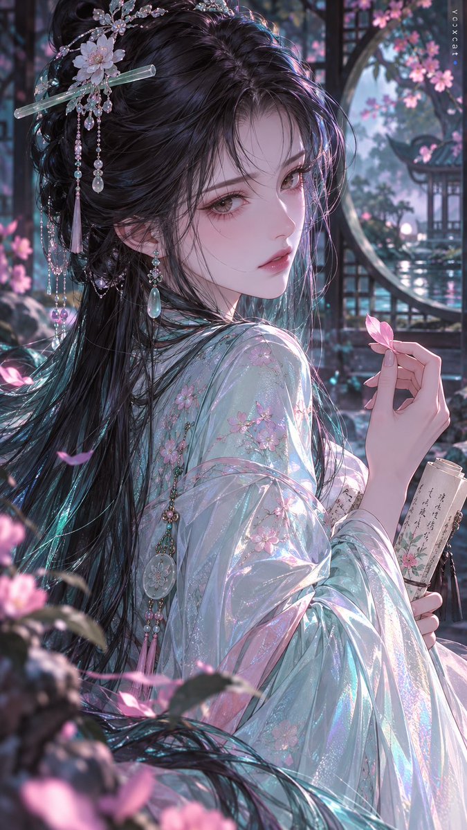 Digital painting shows cool cyan and pink light on pearl texture