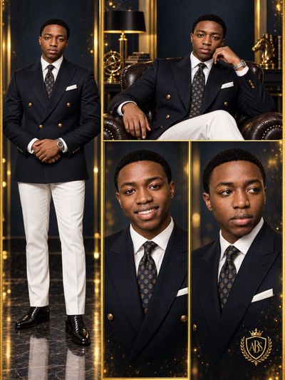 Elegant man in navy blazer stands smiling in four-panel studio portrait