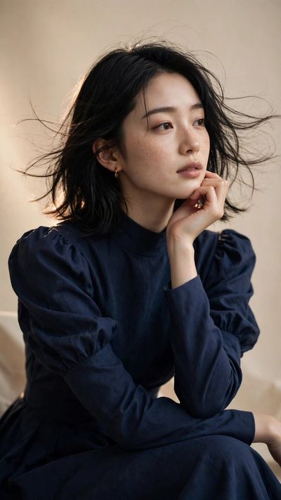 Windswept Portrait of a Pensive Woman in Warm Studio Light