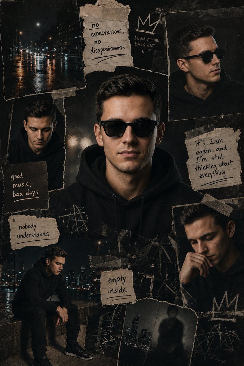 A serious man in black hoodie stares through dark sunglasses at night